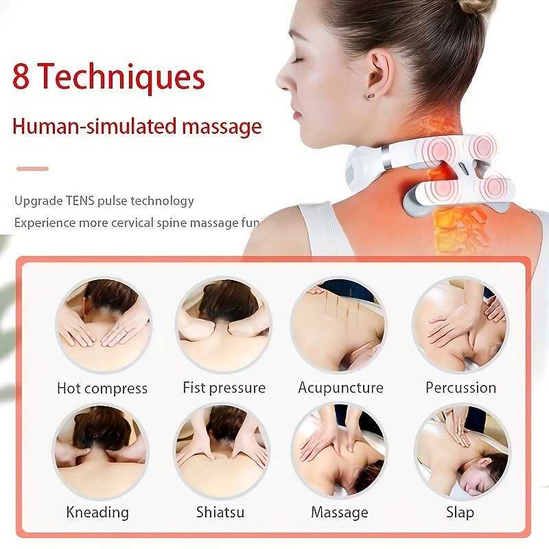 Multifunctional Hot Compress Pulse Kneading Neck MassagerSmart Wireless U-Shaped TENS EMS Pulse Heated Cervical Massager Deep Tissue Pain Relieve Fatigue 4 Massage Heads Neck Massager2