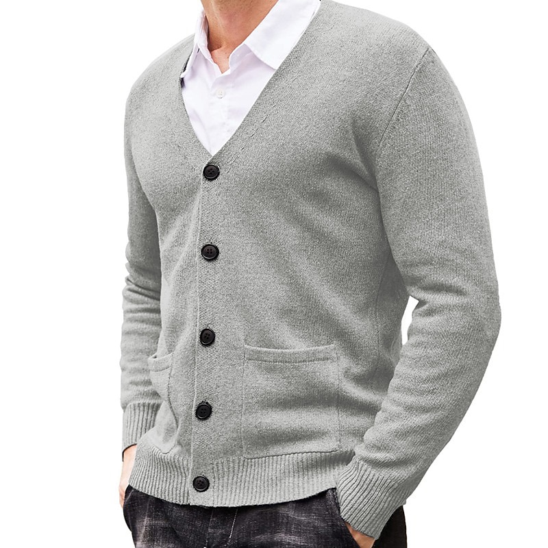 Men's Sweater Cardigan Sweater Ribbed Knit Knitted Plain V Neck Fashion Casual Sports Daily Wear Clothing Apparel Spring &  Fall Wine Red Black M L XL3