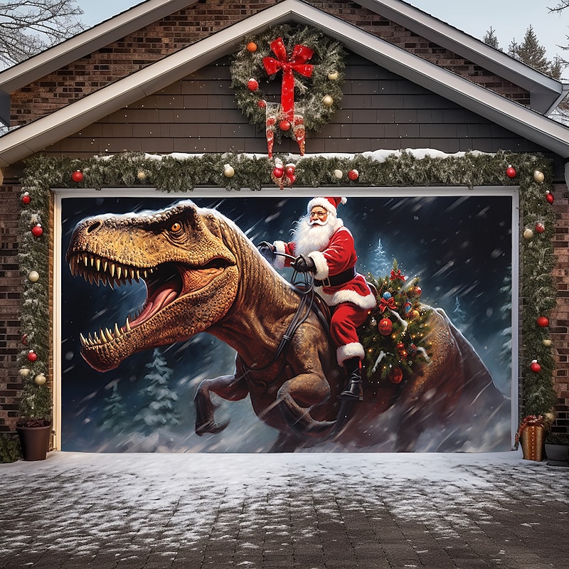 Christmas Door Decorations Outdoor Garage Door Cover Santa Riding Dinosaur Curtain Xmas Door Banner Party Large Door Mural Backdrop Decoration forHoliday Home Wall Decorations2