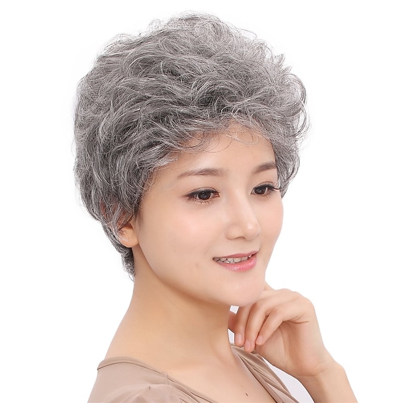 Ladies Gray Short Curly Synthetic Full Hair Wigs Natural Wavy Fluffy Mom Costume Old Grandma Cosplay Wigs for Women (Curly Silver Gray)4