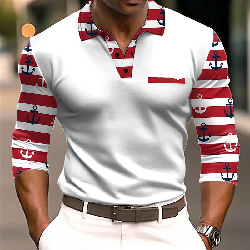 Kentucky Derby Men's Striped Cable Knit Polo Long Sleeve Polo Shirts Turndown Casual Outdoor Casual Daily Streetwear 3D Print Fall & Winter Black White Navy Blue4