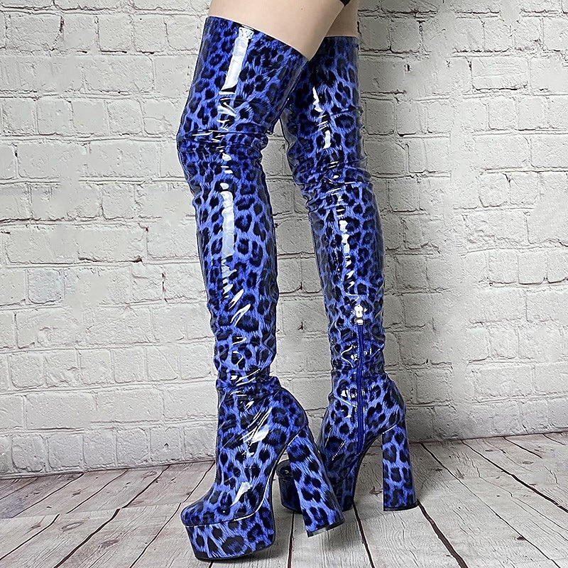Women's Sexy Blue Leopard Print Thigh-High Platform Boots with Chunky Heels – Bold Statement Footwear for Parties, Events, and Night Out2