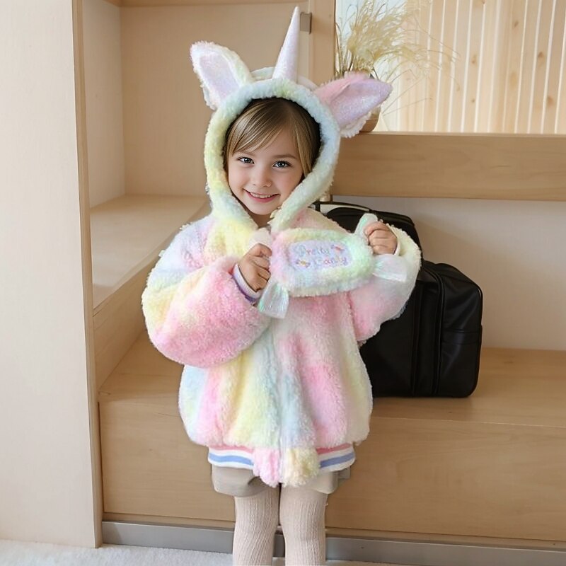 Kids Girls' Winter Coat Camo Adorable School Cotton Coat Outerwear 2-8 Years Spring Rainbow unicorn jacket + bag2
