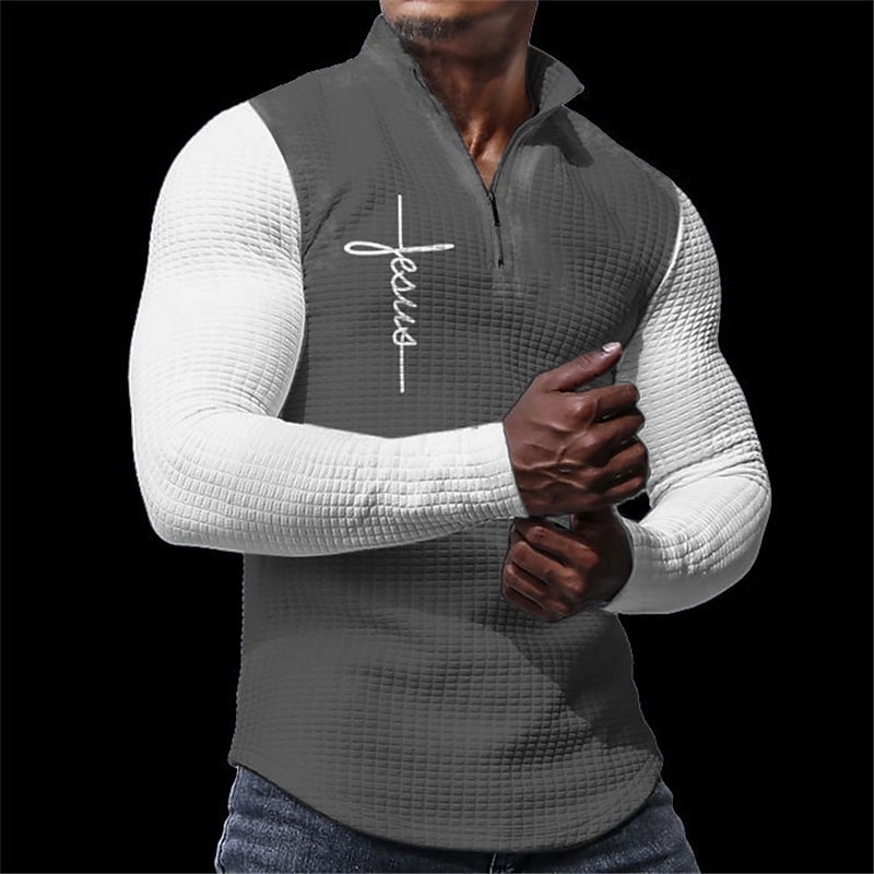 Men's Waffle Polo Shirts Zip Polo Golf Polos Shirts Long Sleeve Polo Shirts Zip Casual Casual Daily 3D Print Fall & Winter Black White Dark Gray3