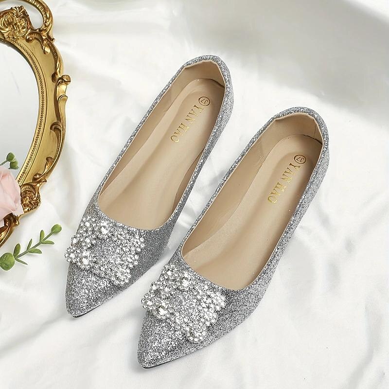 Women's Silver Glitter Flats with Rhinestone Embellished Buckle – Elegant Pointed Toe Shoes for Wedding, Parties and Special Occasions4