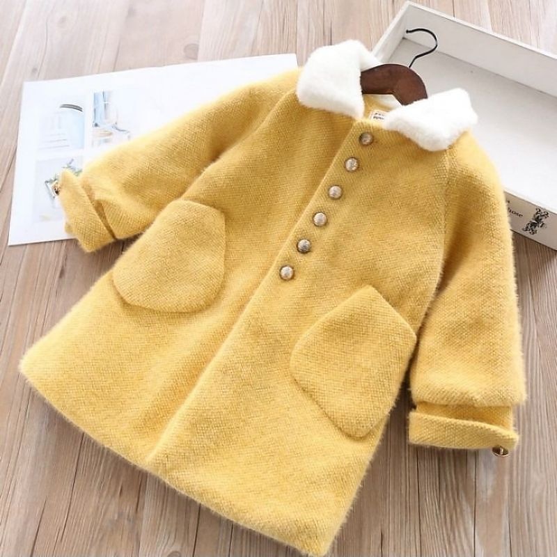 Kids Girls' Woolen Coat Long Sleeve White Yellow Pink Solid Color Button Spring Fall Active School 7-13 Years3