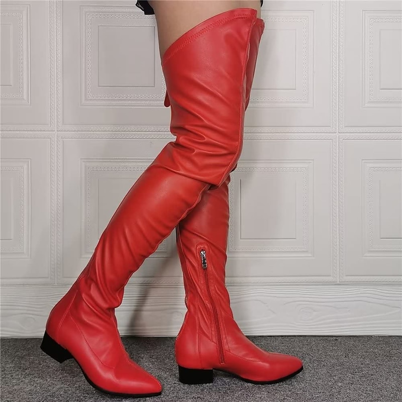 Women's Over-the-Knee Faux Leather Boots with Low Block Heel - Sleek and Stylish for Fall and Winter Fashion4