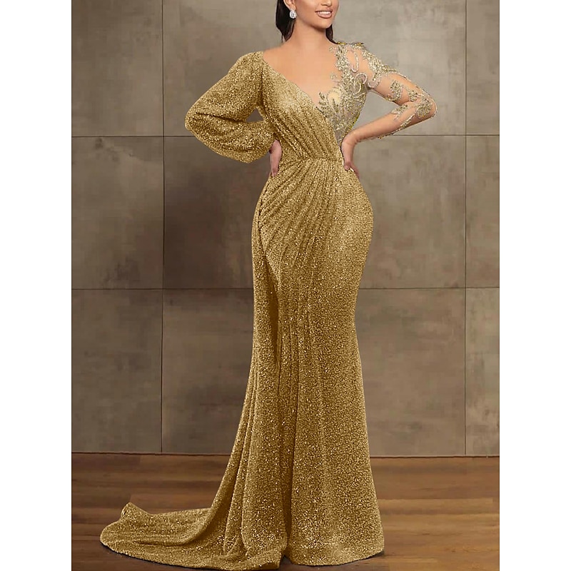 Mermaid Sequin Evening Gown Elegant Dress Formal Court Train Long Sleeve Illusion Neck with Pleats Masquerade Dress