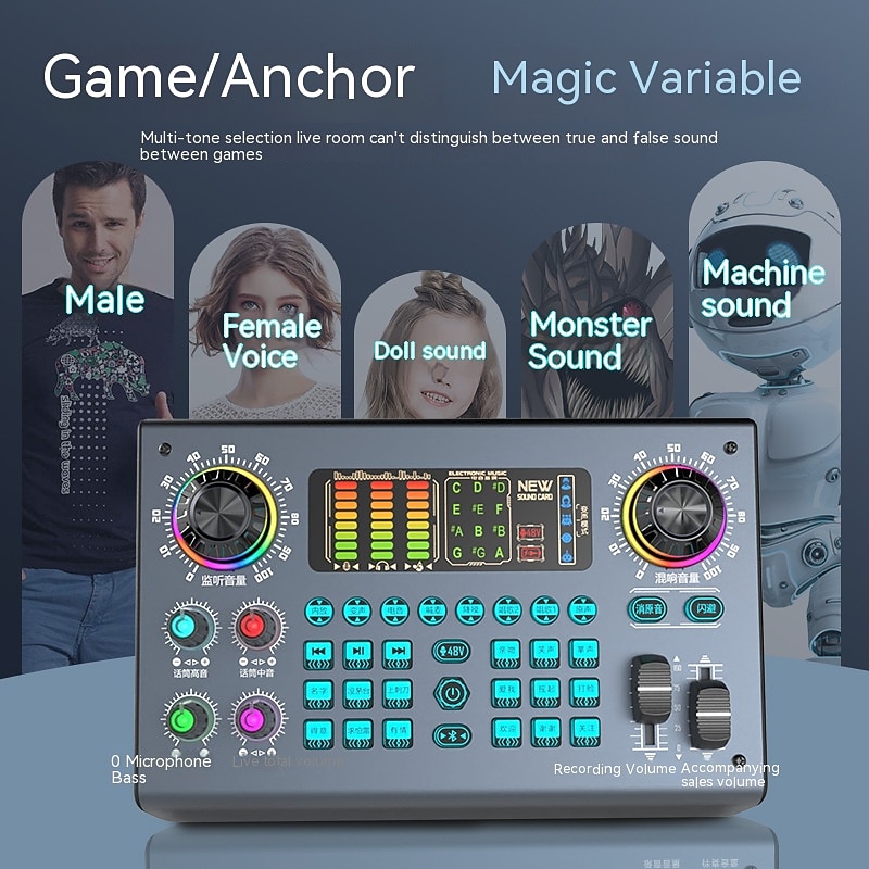 2023 C100 Professional 48V Podcasting Equipment Kit with Voice Conversion Soundcard with Various Sound Effects and LED Lights Great for use in podcasting.2