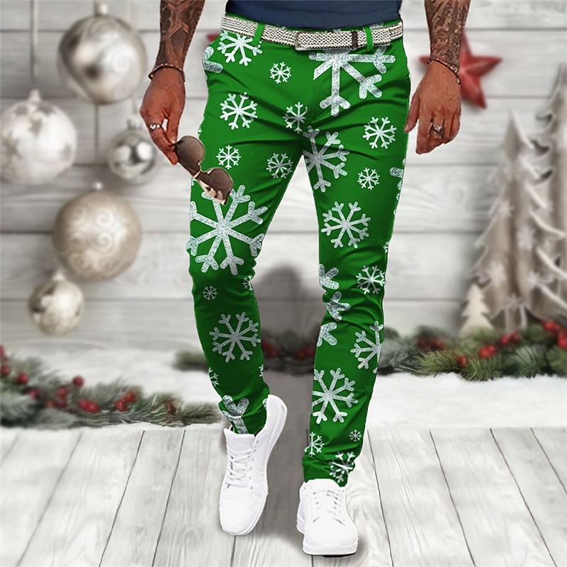 Christmas Men's Christmas Scene Printed Pants Snowflake Business Casual 3D Print  Dress Trousers Outdoor Daily Wear Streetwear Polyester Wine Black Blue S M L Medium Waist Elasticity Pants3