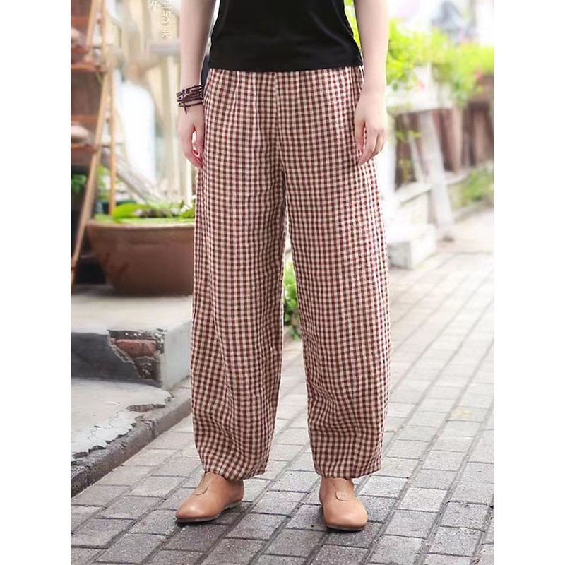 Women's Wide Leg Pants Trousers Linen Cotton Blend Plaid High Waist Full Length Black Fall3