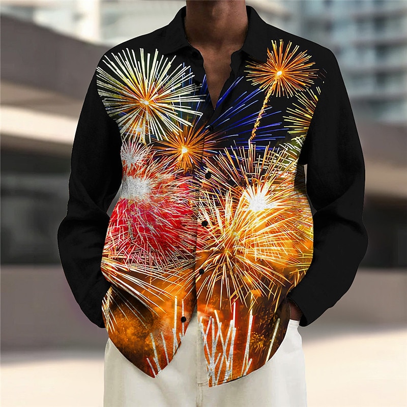 New Year Men's Letter Christmas Scene Shirt Long Sleeve Casual Going out Weekend Fall & Winter Turndown Print Button-Down Black Yellow Gold3