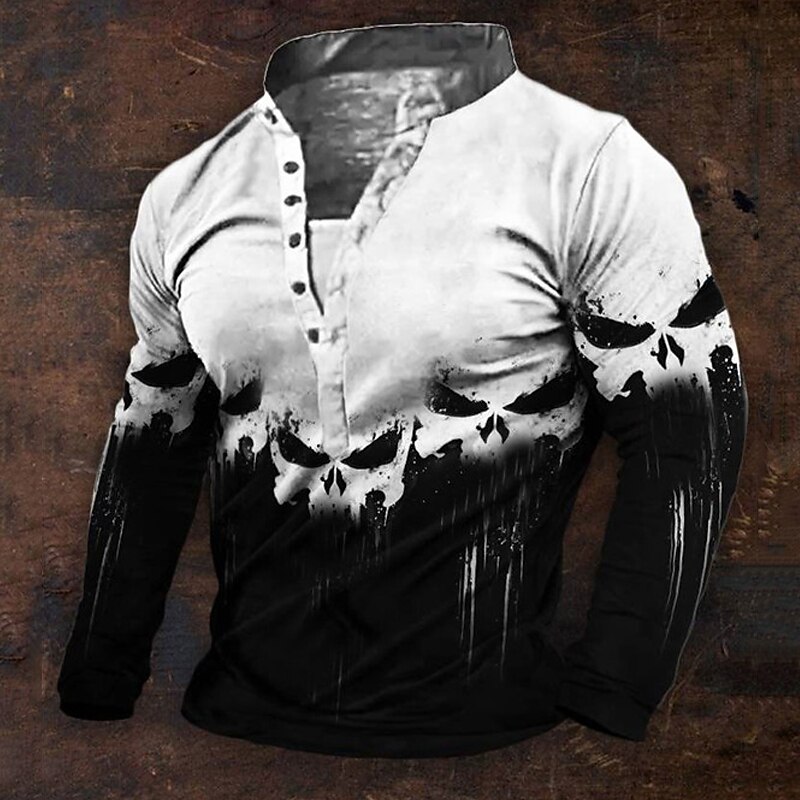 Men's Halloween Graphic Viking Skulls Henley Shirt Long Sleeve 3D Printing Daily Retro Vintage Casual Holiday Going out Festival Spring &  Fall White Blue Orange Green Henley Henley T-Shirt