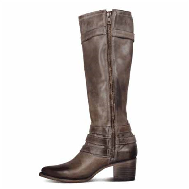 Women's Brown Knee-High Boots with Buckle Straps and Low Block Heels - Perfect for Vintage and Casual Styles4