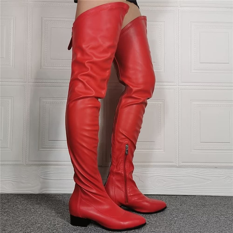 Women's Over-the-Knee Faux Leather Boots with Low Block Heel - Sleek and Stylish for Fall and Winter Fashion2