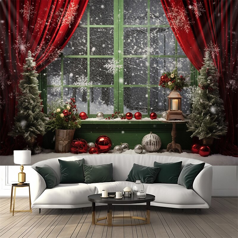 Christmas Decorations Snow Red Curtain Hanging Tapestry Wall Art Xmas Large Tapestry Mural Decor Photograph Backdrop Blanket Curtain Home Bedroom Living Room Decoration3