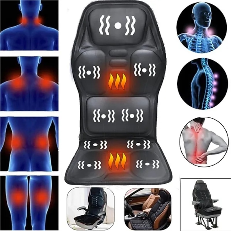 Black Back Massage Chair Car SUV Heat Seat Cushion, Neck Pain Lumbar Support Pad