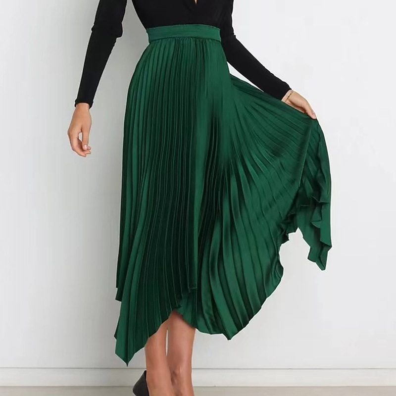Women's Skirt Swing Long Skirt Elegant Fashion Maxi High Waist Skirts Solid Colored Pleated Asymmetric Hem Party Street Black White Wine Dark Green Spring & Summer Satin2
