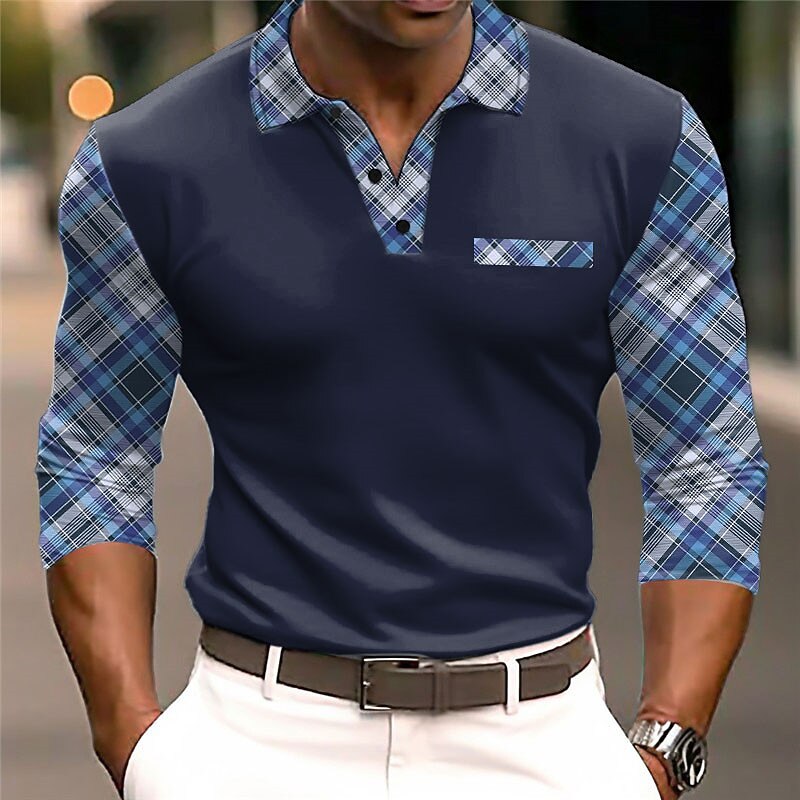 Kentucky Derby Men's Plaid / Check Cable Knit Polo Golf Polos Shirts Long Sleeve Polo Shirts Turndown Business Outdoor Casual Daily Streetwear 3D Print Fall & Winter Black White Dark Navy