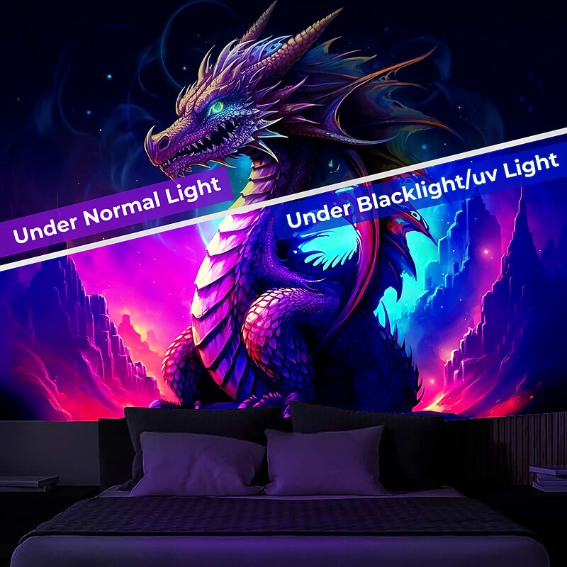 Blacklight Tapestry UV Reactive Glow in the Dark Glow Party Neon Trippy Misty Dragon Animal Hanging Tapestry Wall Art Mural for Living Room Bedroom4