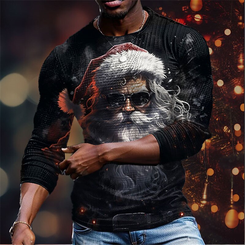 Christmas Men's Santa Claus 3D T-shirts Graphic Santa Claus Ugly Designer Retro Vintage Casual 3D Print Tee Waffle Sports Outdoor Holiday Going out Black Red & White Long Sleeve Crew Neck2