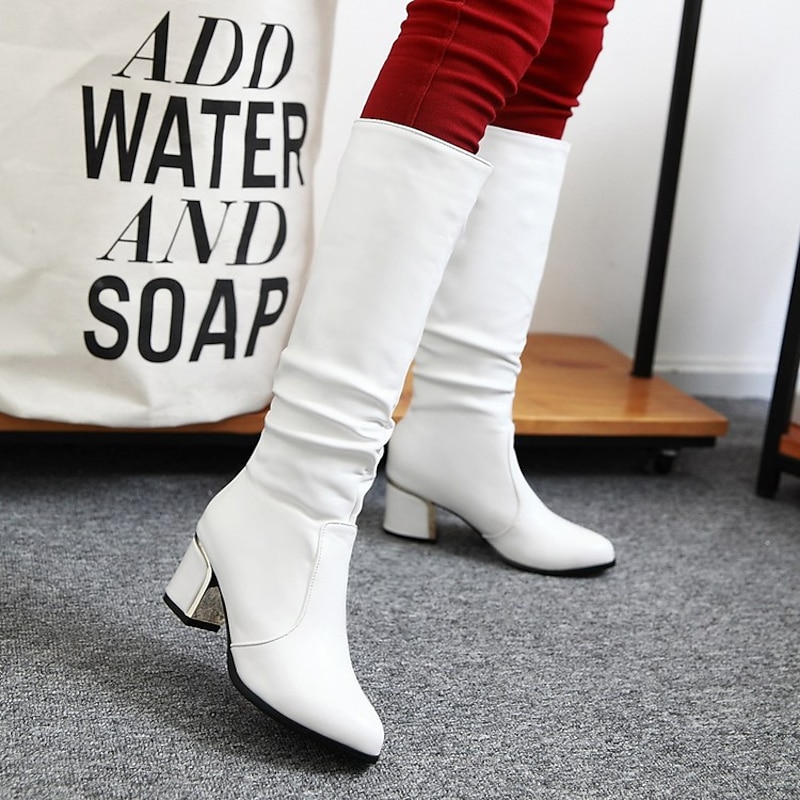 Women's White Mid-Calf Block Heel Boots with Retro Style and Ruched Design - Perfect for Winter Fashion and Daily Wear