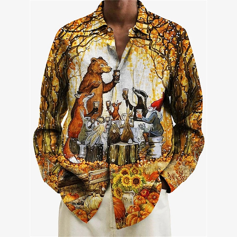 Thanksgiving Day Men's Animal Shirt Western Shirt Cowboy Shirt Long Sleeve Casual Daily Wear Going out Fall & Winter Turndown Pocket Print Button-Down Yellow