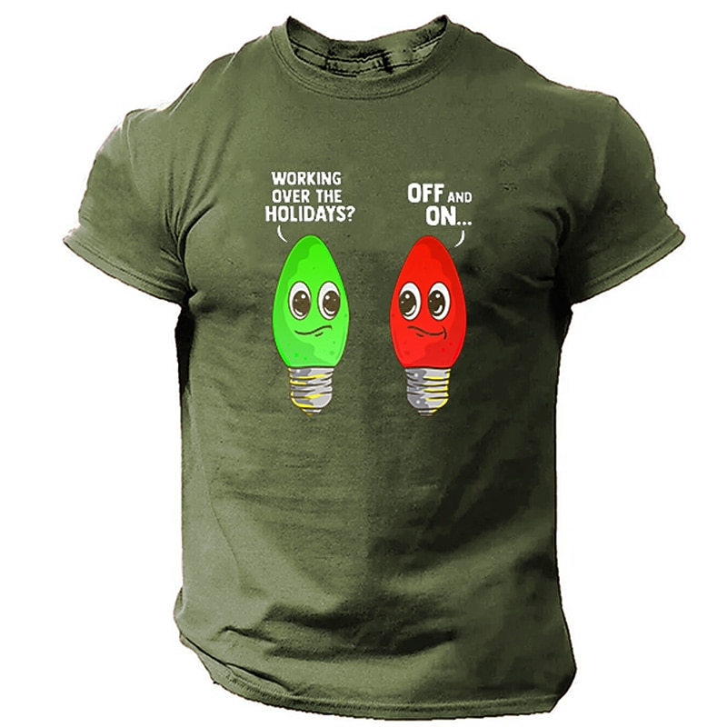 Men's Short Sleeve Graphic T-Shirt, Funny Holiday Work 'Off and On' Light Bulb Pun3