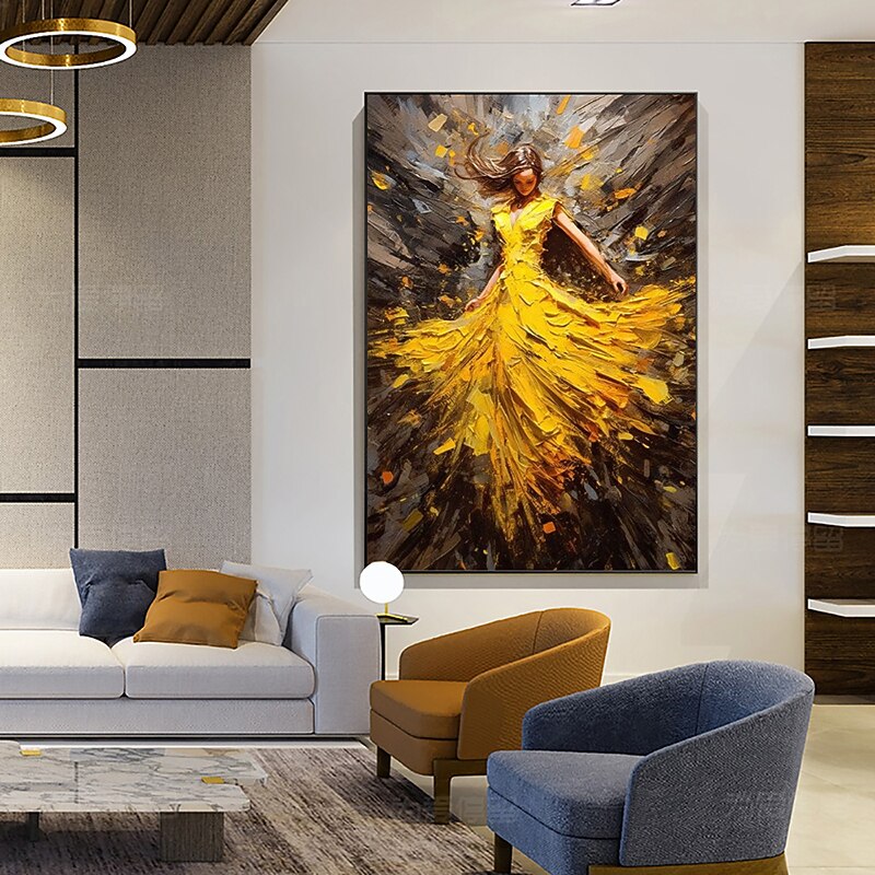 Handmade Oil Painting Canvas Wall Art Decoration Abstract Figure Portrait Dancing Girls in Yellow Dresses for Home Decor Rolled Frameless Unstretched Painting4