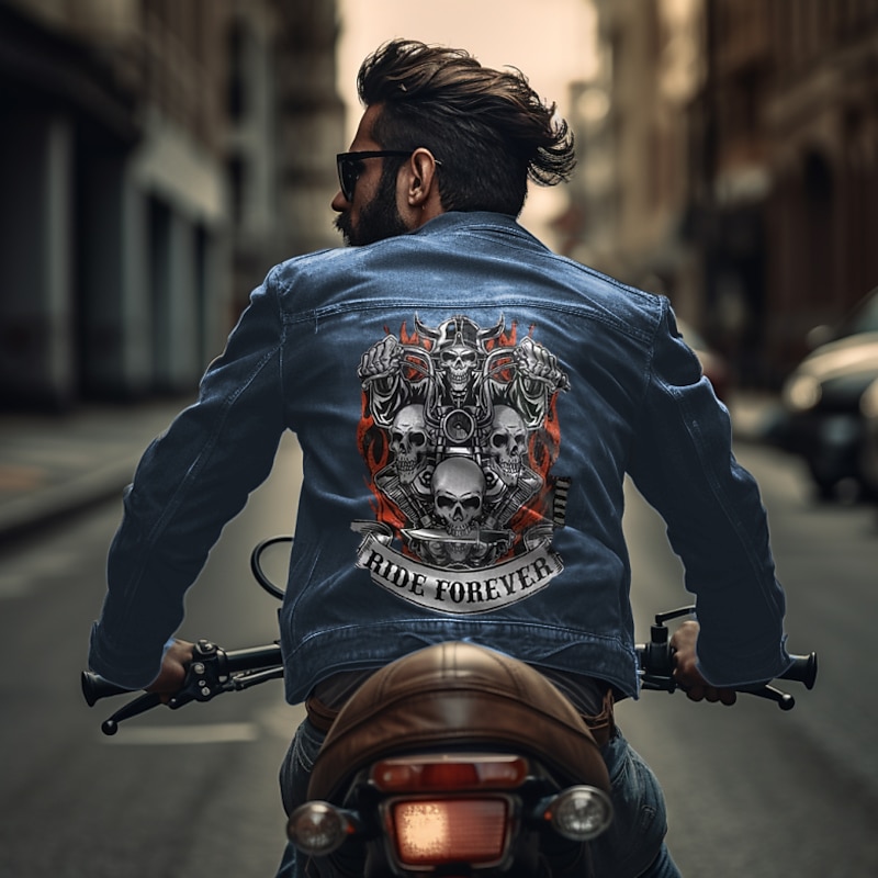 Men's Skulls Coat Jean Jacket Denim Jacket Comfortable Breathable Casual Sports & Outdoor Going out Weekend Buttons Print Fall & Winter Turndown Long Sleeve Black Blue