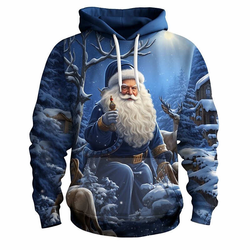 Christmas Men's Santa Claus 3D Hoodies Graphic Santa Claus Fashion 3D Print  Sports Outdoor Holiday Hoodies Royal Blue Blue Long Sleeve Hooded Print Front Pocket Spring &  Fall Designer shirt