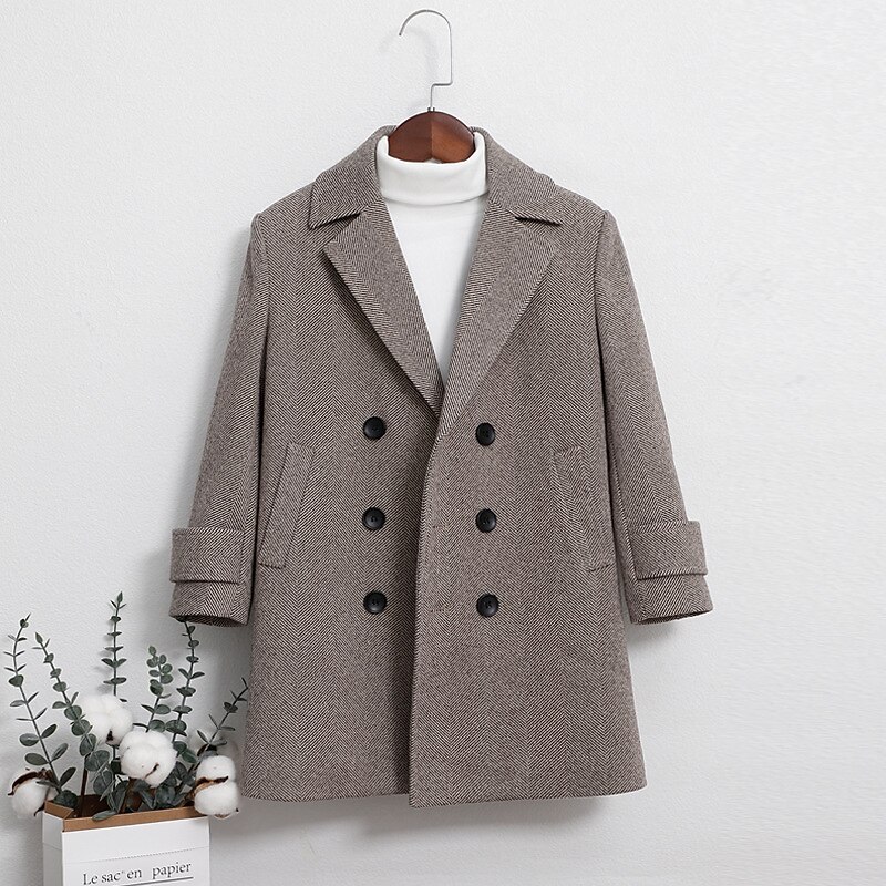 Kid's Unisex Woolen Coat Outerwear Solid Color Long Sleeve Pocket Buttons Coat School Fashion Daily Khaki Gray Spring Fall 7-13 Years4