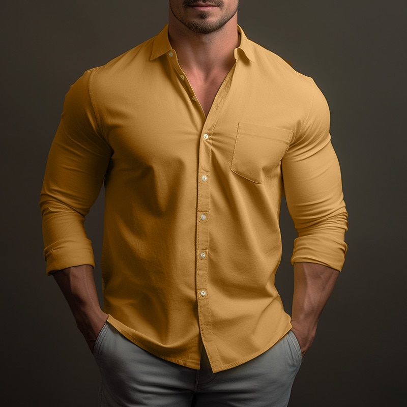 Men's Shirt Button Up Shirt Casual Shirt Yellow Pink Blue Long Sleeve Plain Lapel Daily Vacation Front Pocket Clothing Apparel Fashion Casual Comfortable2