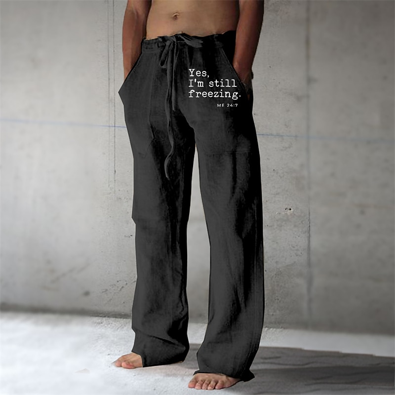 Men's Graphic Letter Linen Pants Pants Trousers Mid Waist Casual Daily Wear Vacation Going out Spring Fall Black White Green4