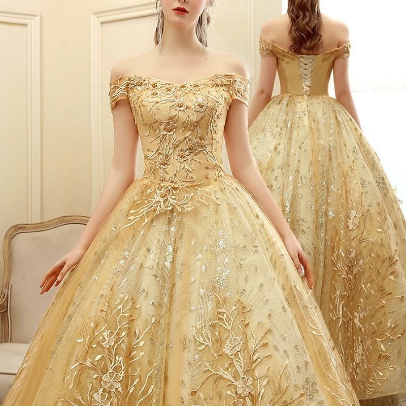 A-Line Gold Dresses Cocktail Dresses Elegant Dress Formal Wedding Guest Tea Length Sleeveless Off Shoulder Satin with Pleats Appliques  dress to impress2