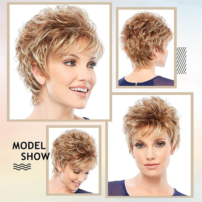 Short Mixed Blonde Pixie Cut Wigs for White Women Wavy Layered Blonde Mixed Auburn Shaggy Synthetic Hair Replacement Wig with Bangs2