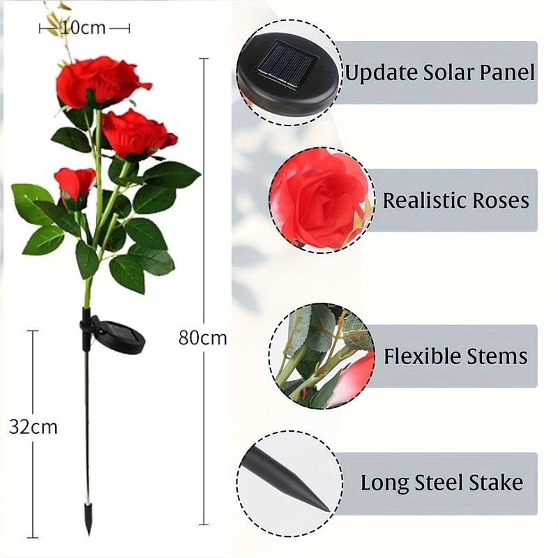 Solar Garden Rose Lights, Valentines Realistic LED Rose Flower Cemetery Decorations Stake Lights for Garden, Courtyard, Yard And Grave Decorative, Waterproof (Red, With 3 Lighted Flower Heads)3