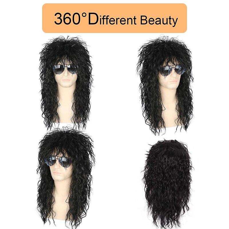 Mens 80s Wig Long Black Curly Wigs Rocker Costume Wig Men Fashion Smart Rocker Style Wig cosplay wig for Carnival4