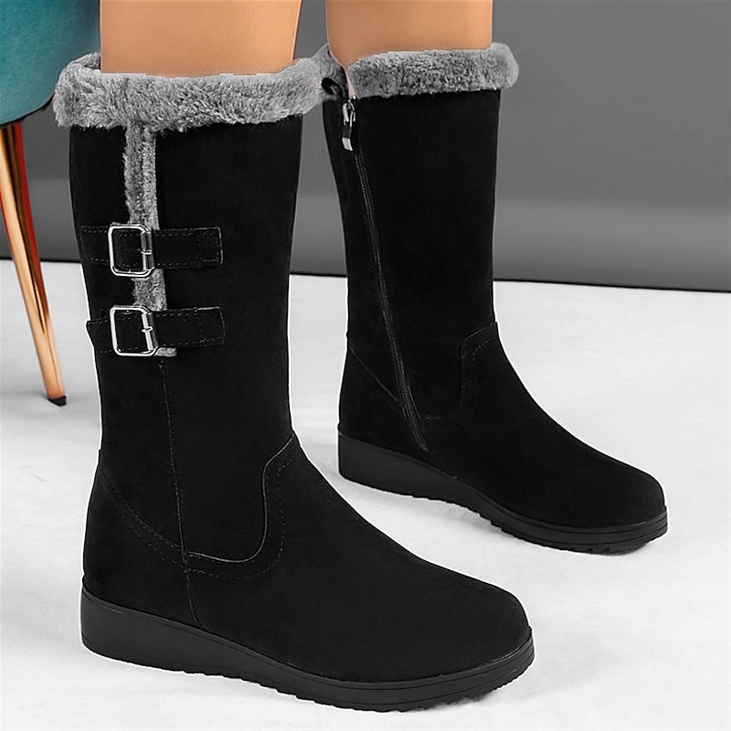 Women's Mid-Calf Winter Boots with Faux Fur Lining and Buckle Straps – Warm Suede Waterproof Snow Boots for Cold Weather3
