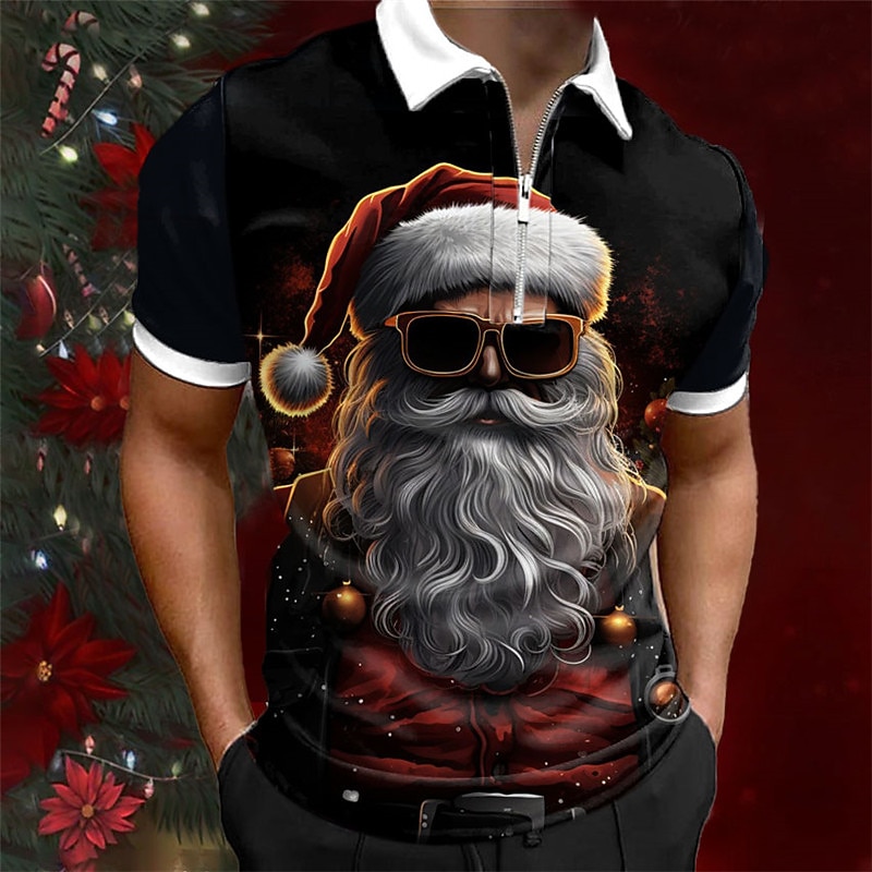 Christmas Men's Santa Claus 3D Zipper Polo Santa Claus Casual Print 3D Zip Golf Outdoor Daily Wear Streetwear Polyester Short Sleeve Turndown Zip Shirts Black Blue Autumn / Fall S M L Micro-elastic2