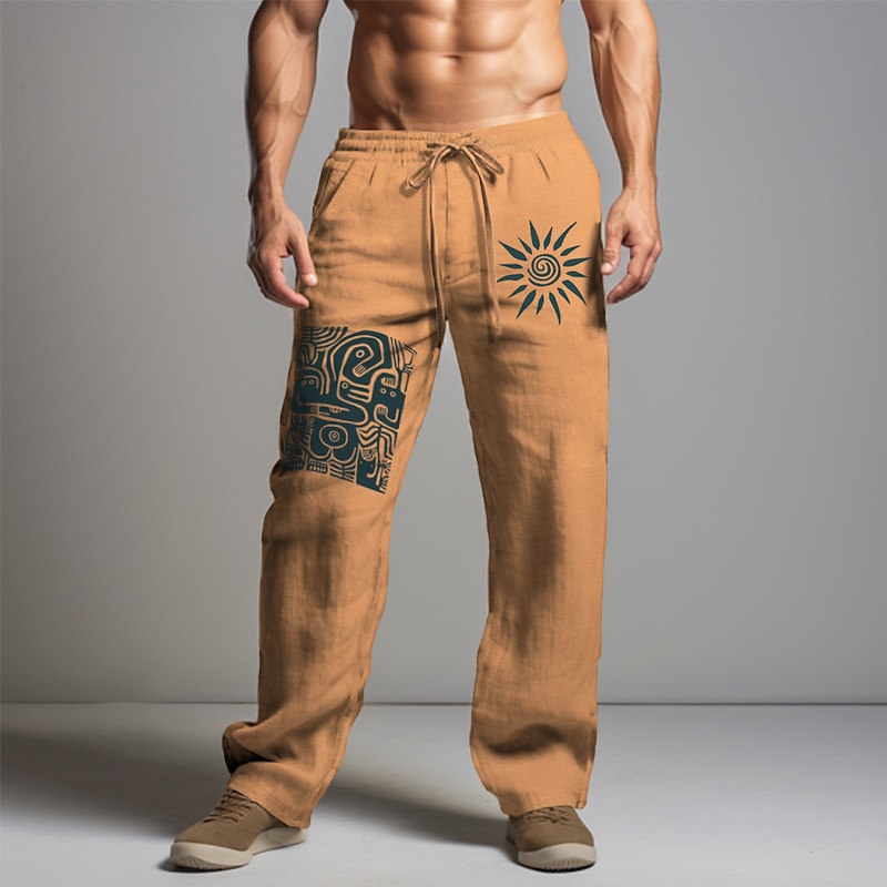Men's Graphic Sun Tribal Pants Trousers Mid Waist Vintage Vacation Daily Wear Going out Spring Fall Black White Khaki3