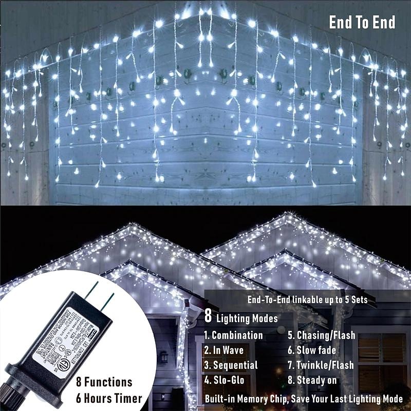1 Pack Icicle Christmas Lights,96 LED 4M 8 Modes and Timer, Warm White, Cold White, Multicolor, Bulb Waterproof Connectable Outdoor String Lights for Holiday, Wedding, Christmas Decoration3