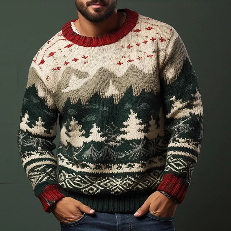Christmas Tree Geometry Casual Men's Print Knitting Pullover Sweater Jumper Knitwear Outdoor Daily Vacation Long Sleeve Crewneck Sweaters Wine White Dark Navy Fall Winter S M L Sweaters3