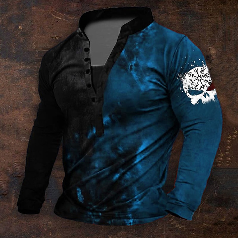 Men's Halloween Graphic Viking Henley Shirt Long Sleeve 3D Printing Daily Retro Vintage Casual Holiday Going out Festival Spring &  Fall Blue Red Purple Green Henley Henley T-Shirt2