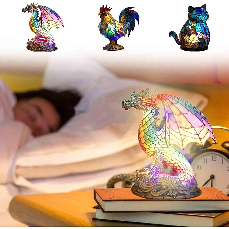 Resin Desk Lamp Animal Series Simulated Stained Glasss Decor Table Lamp Vintage Stained Bedside Lamp 15cm/5.9inch3