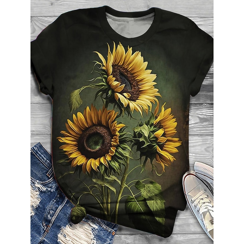 Women's T Shirt Fashion Sunflower Print Short Sleeve Regular Tops Round Neck Holiday Weekend Black Blue Green Khaki Spring & Summer