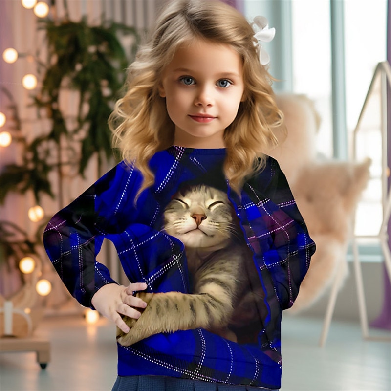 Girls' 3D Plaid Cat Christmas Sweatshirt Sweatshirt Pullover Long Sleeve 3D Print Fall Winter Fashion Streetwear Adorable Kids 3-12 Years 4-13 Years Crew Neck Outdoor Casual Daily Regular Fit4