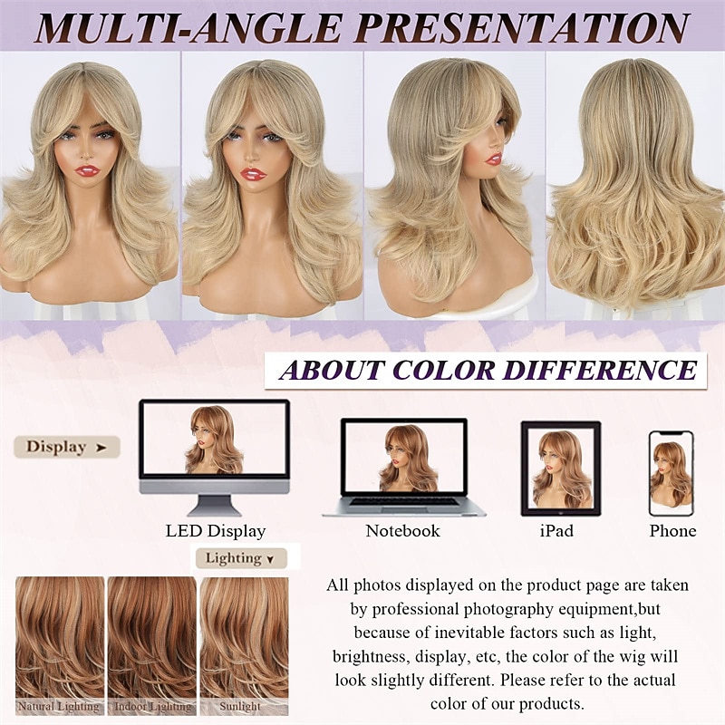 Golden Blonde Wig Strawberry Blonde Wig with Bangs Long Haired Wig for Women Curtain Bangs Synthetic Layered Wig Long Wavy Medium Brown Wig Light Ombre Real Hair Wig for Daily Party Use2