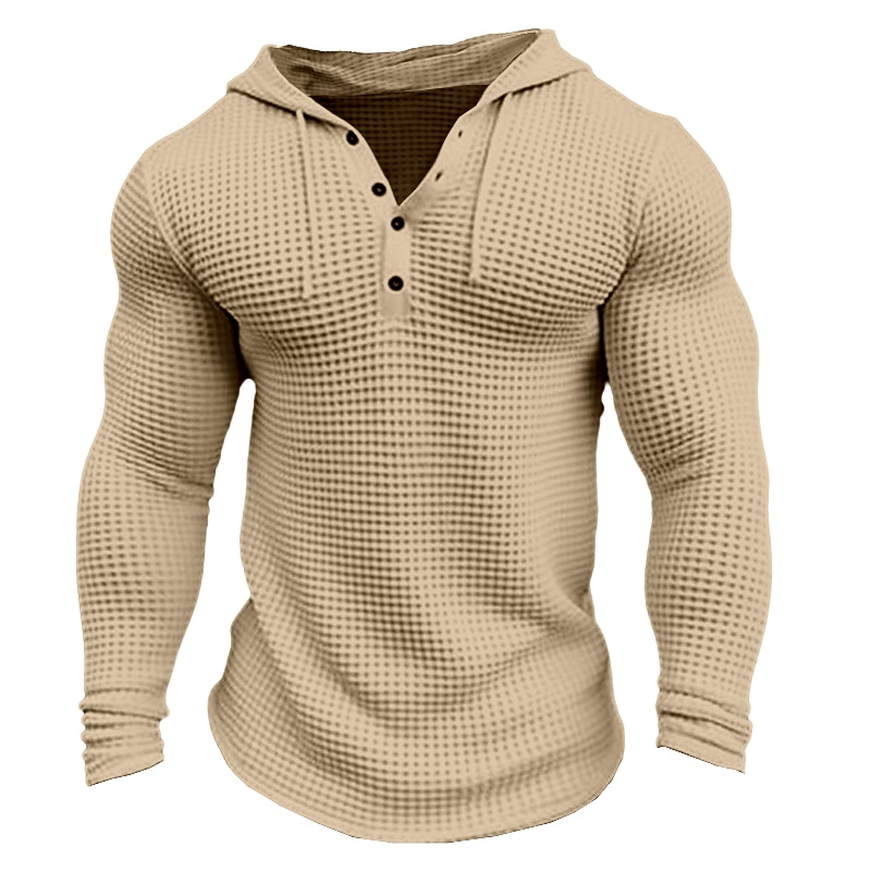 Men's Waffle Shirt T Shirt Tee Top Long Sleeve Shirt Long Sleeve Hooded Spring &  Fall Plain Fashion Designer Basic Vacation Street Going out White khaki Army Green Top Tee for Men3