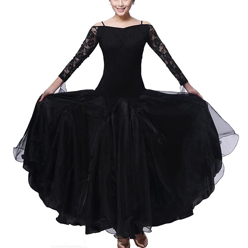 Ballroom Dance Dress Lace Pure Color Splicing Women's Performance Party Modern Waltz Dance Costumes2